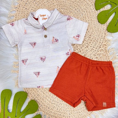 Conj. Camiseta Barcos e Bermuda Canelada - Ferrugem